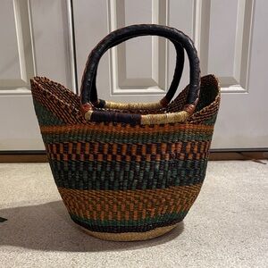 Artisan Bolga Bag Ghana Woven Tote Bag - Green, Orange, Brown